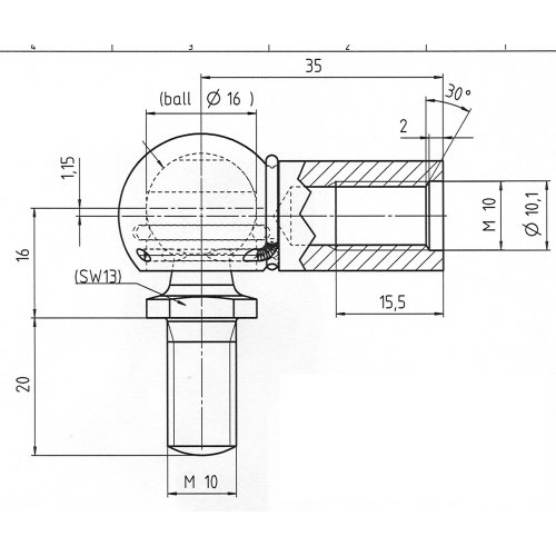Vinkelled 16mm kula, M10, L=35